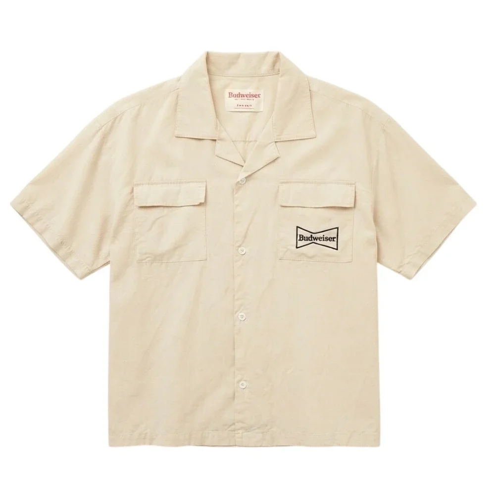 Budweiser PacSun Tan Short Sleeve Button Up Camp Shirt King of Beers Eagle Med